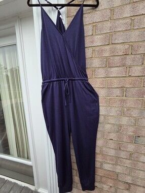 Adibosy Dark Navy V-Neck Knit Sleeveless Jumpsuit Pockects Drawstring Waist Sz M